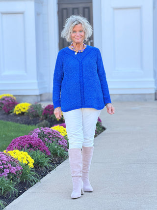 Women's Luster Chenille V-Neck Cable Sweater SAFFIRE Cathys Place
