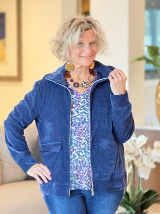 Women's Portrait Collar Velveteen Zip Front Jacket NAVY Cathys Place