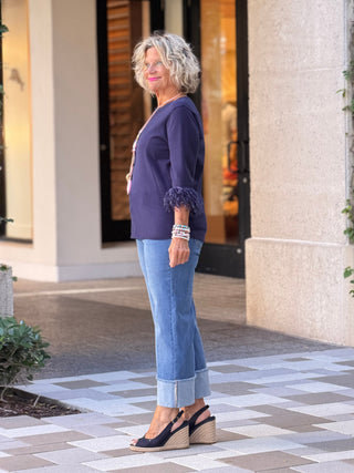 LULU-B NAVY CASHMERE SCOOP NECK FRINGE TOP LULU-B