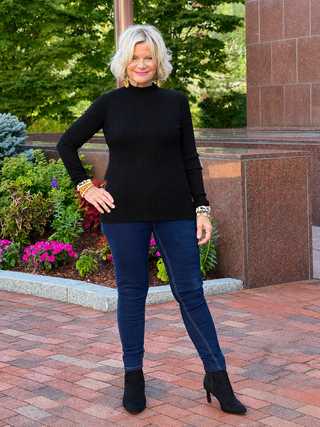 Basic Ribbed Knit Mock Neck Long Sleeve Sweater BLACK CHARLIE B