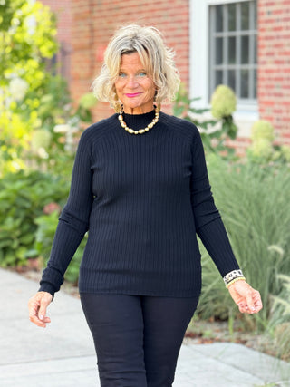 Basic Ribbed Knit Mock Neck Long Sleeve Sweater BLACK CHARLIE B