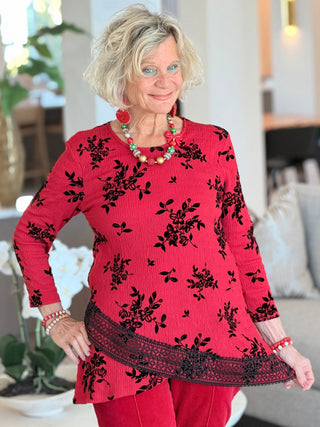 Women's Floral Flocked Texture Lace Trim Top BLACK Cathys Place