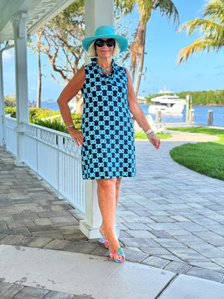 BLUE MEDALLION RUFFLE DRESS