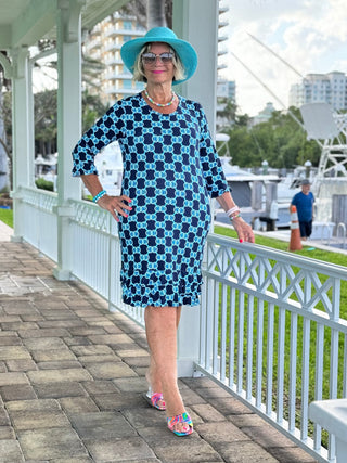 BLUE MEDALLION RUFFLE SLEEVE DRESS