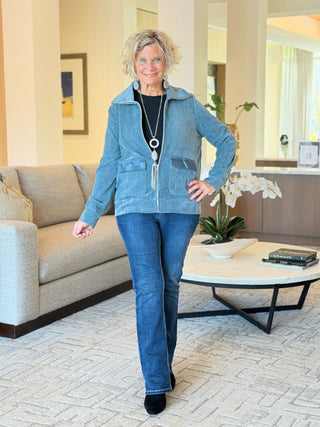 Women's Portrait Collar Velveteen Zip Front Jacket SLATE Cathys Place