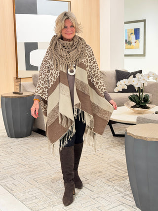 Leopard Bold Striped Oversized Slouchy Western Cape Poncho Cap Zone