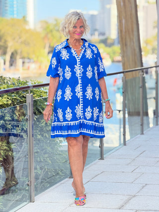 Geometric Collar Button Front Short Puff Sleeve Mini Dress 1 the Woman