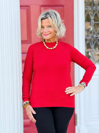 Ribbed Knit Mock Neck Sweater RED CHARLIE B