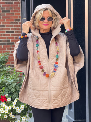 Oversize Quilted Puffer Hood Cape Poncho BEIGE