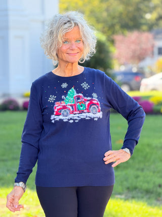 Women's Christmas Truck Print Boat Neck Knit Top Cathys Place