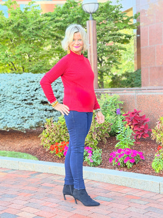 Ribbed Knit Mock Neck Sweater RED CHARLIE B