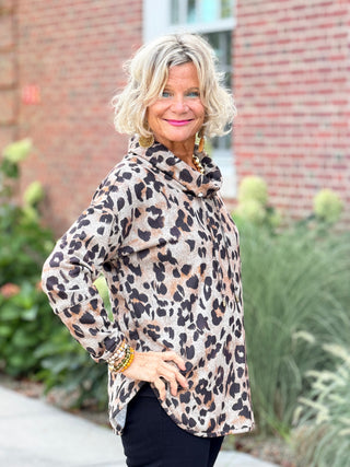 Women's Cozy Leopard Cowl Neck Top TAN Cathys Place