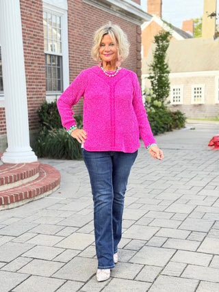 Women's Luster Chenille V-Neck Cable Sweater FUSHIA Cathys Place