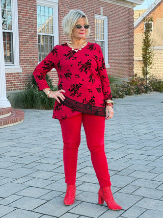 Women's Floral Flocked Texture Lace Trim Top Red Cathys Place