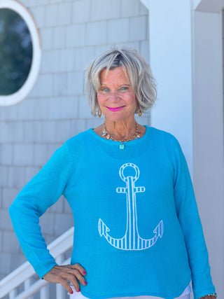 DOCKSIDE NAUTICAL AQUA STRIPE ANCHOR SWEATER Cathys Place