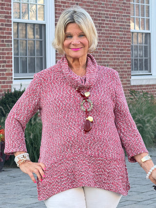 Women's Cowl Neck Spacedye Chenille Knit Top CHERRY