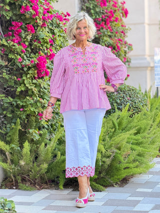 Women's Embroidered Placket Stripe Blouse Cathys Place