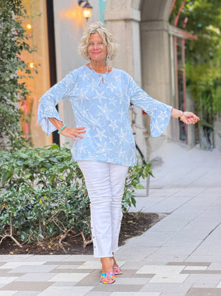Women's Waterfall Blue Starfish Puff Print Flutter Sleeve Top Cathys Place