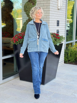 Women's Portrait Collar Velveteen Zip Front Jacket SLATE Cathys Place