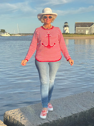 RED AND WHITE STRIPE ANCHOR SWEATER SHIPS WEEK OF AUGUST 25TH