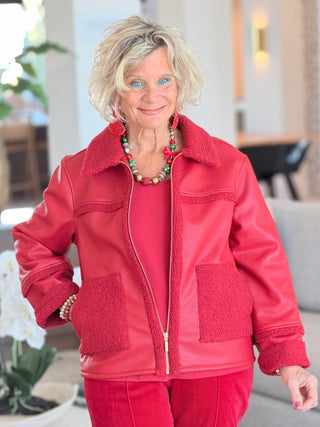 Women's Faux Leather Shearling Zip Front Jacket RED Cathys Place