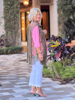 Cropped Flare Twill Jeans With Floral Lace Hem CHARLIE B