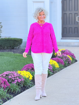 Women's Luster Chenille V-Neck Cable Sweater FUSHIA Cathys Place