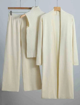 Ladies Solid Color Open Knit Cardigan & Pants 3PCS Set Sweetkama