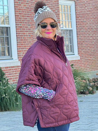 Quilted Short Sleeves Puffer Pullover Poncho Burgundy Cathys Place