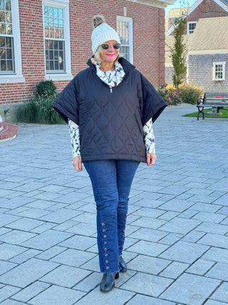 Quilted Short Sleeves Puffer Pullover Poncho Black Cathys Place
