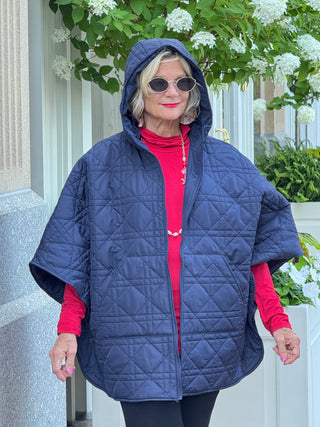 Oversize Quilted Puffer Hood Cape Poncho  NAVY