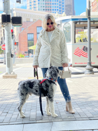 BLUE/CREAM PLAID FAUX FUR JACKET OR COAT - Cathys Place
