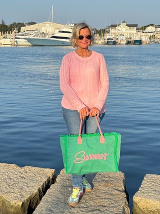 SEWN ROPE SUMMER LETTER FRINGED CANVAS BAG