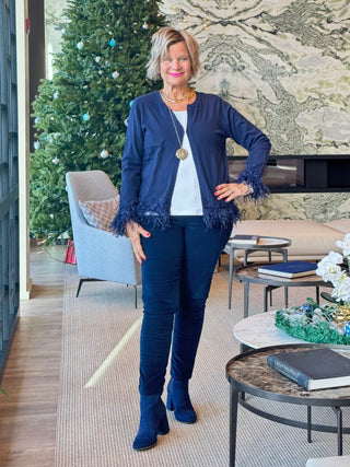 LULU-B NAVY CASHMERE FRINGE FANCY CARDIGAN