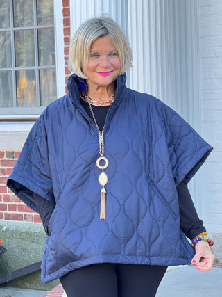 Quilted Short Sleeves Puffer Pullover Poncho Navy