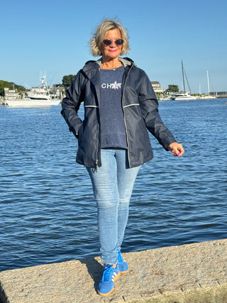 CHENILLE BEACH TIME NAVY CREW SWEATER