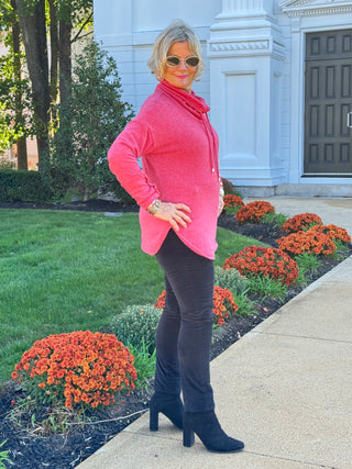 Women's Cowl Neck Cozy Hatchi Drawstring Top CHERRY