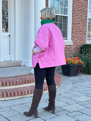Quilted Short Sleeves Puffer Pullover Poncho Pink