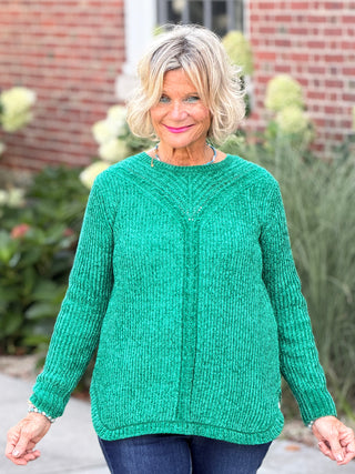 Women's Luster Chenille V-Neck Cable Sweater EMERALD Cathys Place