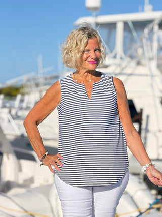 NAUTICAL NAVY NOTCH SLEEVELESS TOP LULU-B