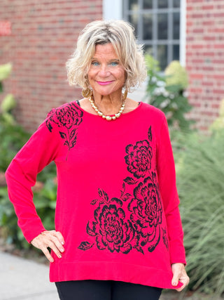 Women's Floral Placement Eyelash Sweater RED Cathys Place