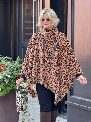 Animal Print Turtle Neck Cape Poncho