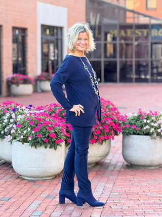 Women's Rib Knit Boat Neck Side Tie Top NAVY Cathys Place