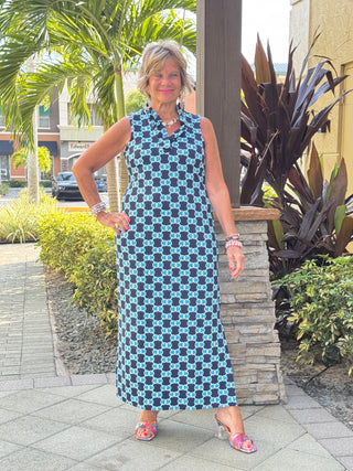 BLUE MEDALLION RUFFLE MAXI