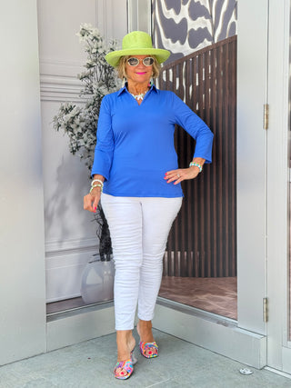 LULU-B SOLID BLUE COLLAR SLEEVE TOP