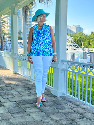 BLUE DREAMING HEARTS SLEEVELESS RUFFLE TOP