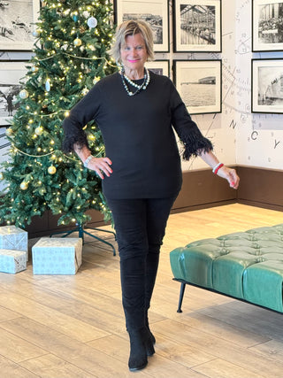 LULU-B BLACK SCOOP NECK FRINGE FANCY SWEATER