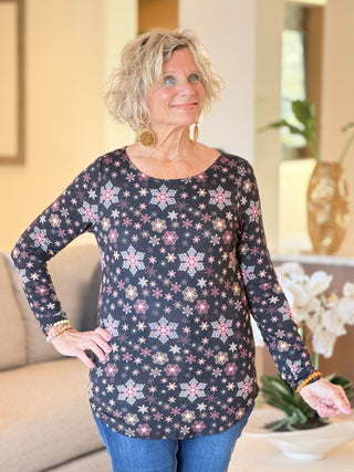SNOWFLAKE PRINT LONG SLEEVE BOAT NECK TOP Cathys Place