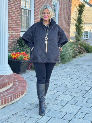 Quilted Short Sleeves Puffer Pullover Poncho Black