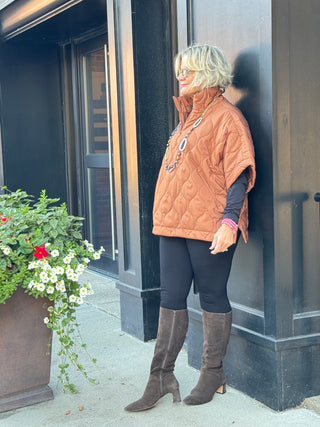 Stand Up Collar Quilted Cape Poncho Jacket RUST